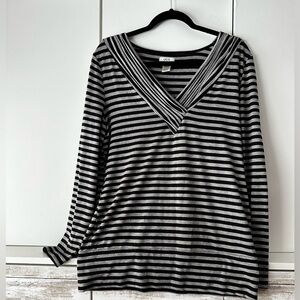 🖤 Cache Black & Gray Striped V-Neck Long Sleeve Top Size L